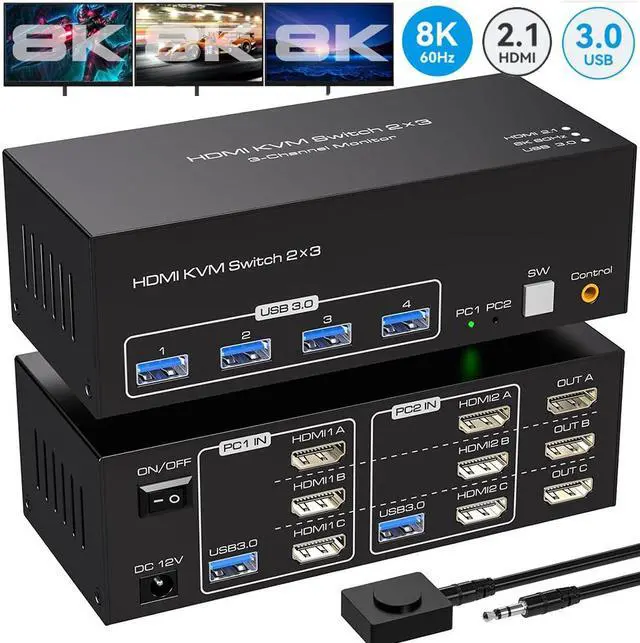 Main image of SMA 4K144Hz HDMI KVM Switch 3 Monitors 2 Computers, 8K60Hz 2 PC Triple Monitors HDMI KVM Switches With 4 Ports USB 3.0 to Connect Keyboard Mouse and Printer Includes 2 USB 3.0 Cables and DC12V Adapter