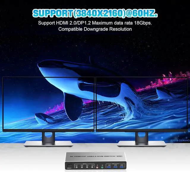 Alt view image 4 of 7 - SMA Displayport+HDMI KVM Switch 2 Monitors 4 Computers, 4K@60Hz Dual Monitor KVM Switch 4 in 2 Out with Audio Microphone Output and 3 USB 3.0 Ports, 4 Port HDMI + DP Monitor Switch for 4 PCs 2 Monitor