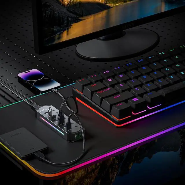 Alt view image 6 of 7 - SMA USB 3.0 USB Hub, 7-Ports USB 3.0 RGB Hub with 14 Color RGB LED Strip, Three Dynamic Modes, Independent Button Switches, Aluminum Gaming USB Hub 3.0 for PC and Laptops