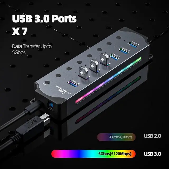 Alt view image 2 of 7 - SMA USB 3.0 USB Hub, 7-Ports USB 3.0 RGB Hub with 14 Color RGB LED Strip, Three Dynamic Modes, Independent Button Switches, Aluminum Gaming USB Hub 3.0 for PC and Laptops