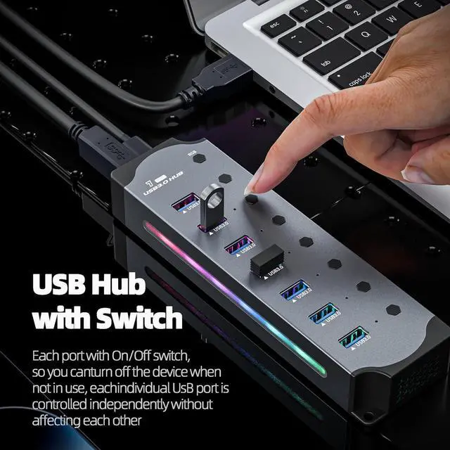 Alt view image 4 of 7 - SMA USB 3.0 USB Hub, 7-Ports USB 3.0 RGB Hub with 14 Color RGB LED Strip, Three Dynamic Modes, Independent Button Switches, Aluminum Gaming USB Hub 3.0 for PC and Laptops