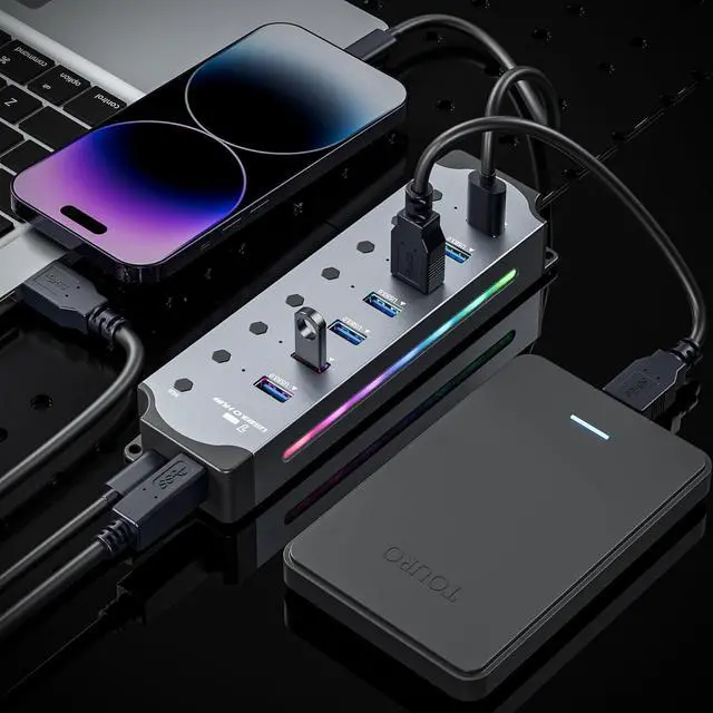 Alt view image 7 of 7 - SMA USB 3.0 USB Hub, 7-Ports USB 3.0 RGB Hub with 14 Color RGB LED Strip, Three Dynamic Modes, Independent Button Switches, Aluminum Gaming USB Hub 3.0 for PC and Laptops