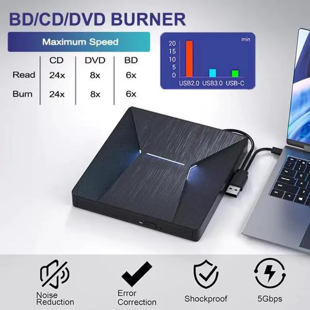 Alt view image 2 of 7 - SMA External Blu Ray Drive, Portable Blu-ray Drive USB 3.0 and Type-C BD Player Read DVD 3D Optical Bluray CD DVD Drive Compatible with MacOS, Windows XP/7/8/10/11 for Laptop, MacBook, Desktop