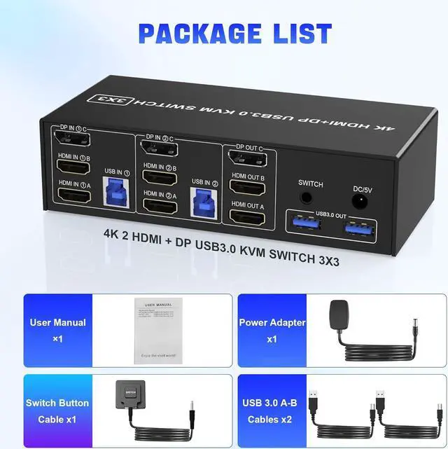 Alt view image 7 of 7 - SMA 2 HDMI + 1 Displayport KVM Switch 3 Monitor 2 Computers, 4K@60Hz Triple Monitor KVM Switch with Audio Microphone Output and 3 USB 3.0 Ports, 2 Computers Share 3 Monitors Keyboard Mouse Switcher