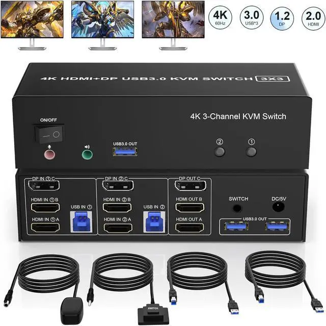 Main image of SMA 2 HDMI + 1 Displayport KVM Switch 3 Monitor 2 Computers, 4K@60Hz Triple Monitor KVM Switch with Audio Microphone Output and 3 USB 3.0 Ports, 2 Computers Share 3 Monitors Keyboard Mouse Switcher