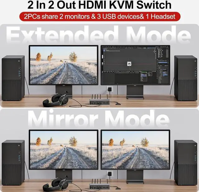Alt view image 2 of 7 - SMA HDMI KVM Switch 2 Monitors 2 Computers 4K@60Hz USB 3.0 KVM Switches Share Dual HDMI Monitors 3 USB Ports for Keyboard Mouse Hard Drives Mic Headset Ports 2 USB-B Cable DC 5V Adapter Controller
