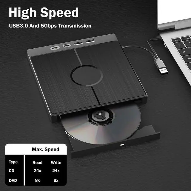Alt view image 4 of 7 - SMA Portable CD DVD Player, External CD/DVD Drive, [7 in 1] USB 3.0 Type C External CD DVD Burner with 2 USB C & 2 USB A Port, SD/TF Card Reader, Compatible with Windows 11/10/8/7 Linux, Mac OS