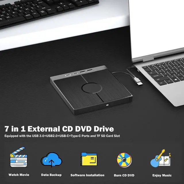 Alt view image 3 of 7 - SMA Portable CD DVD Player, External CD/DVD Drive, [7 in 1] USB 3.0 Type C External CD DVD Burner with 2 USB C & 2 USB A Port, SD/TF Card Reader, Compatible with Windows 11/10/8/7 Linux, Mac OS