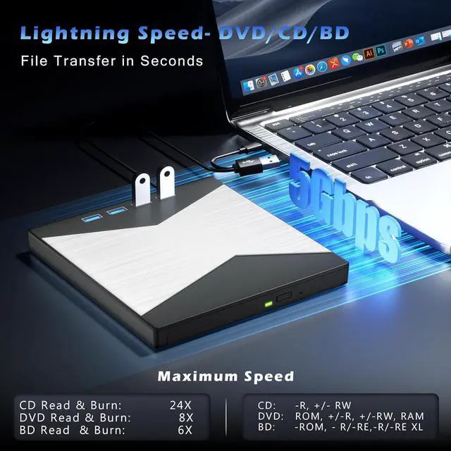 Alt view image 2 of 7 - SMA External Blu Ray Drive, 4K Portable Blu Ray Burner USB 3.0 Type-C UHD BD Player with SD/TF Port, CD/DVD Burner R/W 3D Blu Ray Drive, External 4K Blu-Ray Drive Compatible with Windows Mac OS Laptop