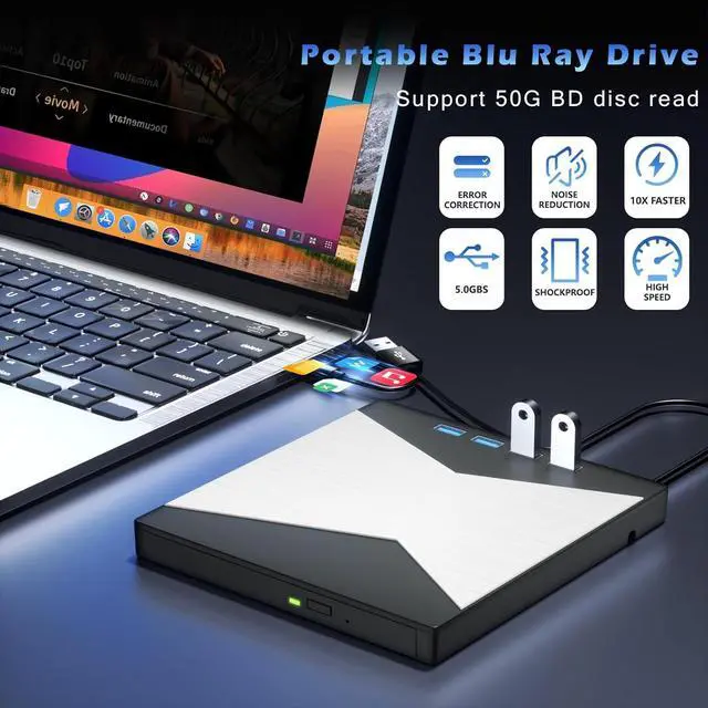 Alt view image 4 of 7 - SMA External Blu Ray Drive, 4K Portable Blu Ray Burner USB 3.0 Type-C UHD BD Player with SD/TF Port, CD/DVD Burner R/W 3D Blu Ray Drive, External 4K Blu-Ray Drive Compatible with Windows Mac OS Laptop