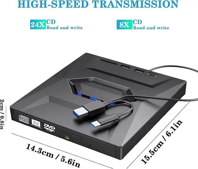Alt view image 2 of 7 - SMA 5-in-1 External CD DVD Drive, USB C & USB 3.0 Portable CD/DVD +/-RW Drive/DVD Player with SD Card Reader USB 3.0 & Type C Hub CD ROM Burner Compatible with Laptop Desktop PC Windows Linux Mac OS