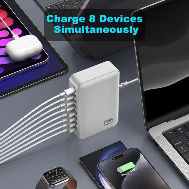 Alt view image 3 of 7 - SMA USB C Charger, 200W 8-Port QC & PD USB C Charging Station Hub, GaN Fast Charger, Compatible with Mac-Book Pro/Air/Goo-gle Pixel/i-Phone 15/14/13/Galaxy S24/S23/S22/Smartphones/Laptops/Tablets