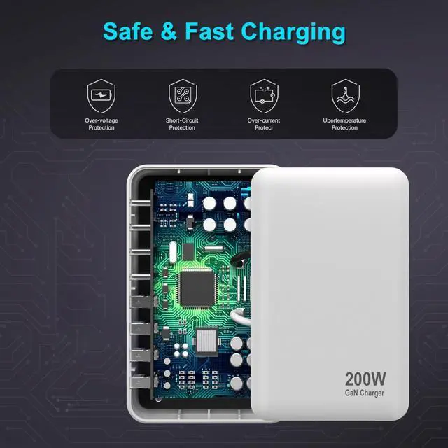 Alt view image 6 of 7 - SMA USB C Charger, 200W 8-Port QC & PD USB C Charging Station Hub, GaN Fast Charger, Compatible with Mac-Book Pro/Air/Goo-gle Pixel/i-Phone 15/14/13/Galaxy S24/S23/S22/Smartphones/Laptops/Tablets
