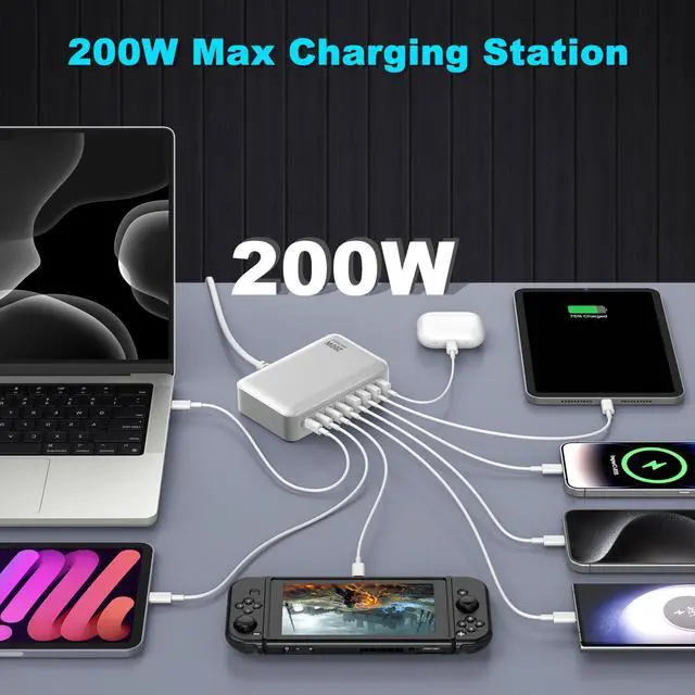 Alt view image 7 of 7 - SMA USB C Charger, 200W 8-Port QC & PD USB C Charging Station Hub, GaN Fast Charger, Compatible with Mac-Book Pro/Air/Goo-gle Pixel/i-Phone 15/14/13/Galaxy S24/S23/S22/Smartphones/Laptops/Tablets