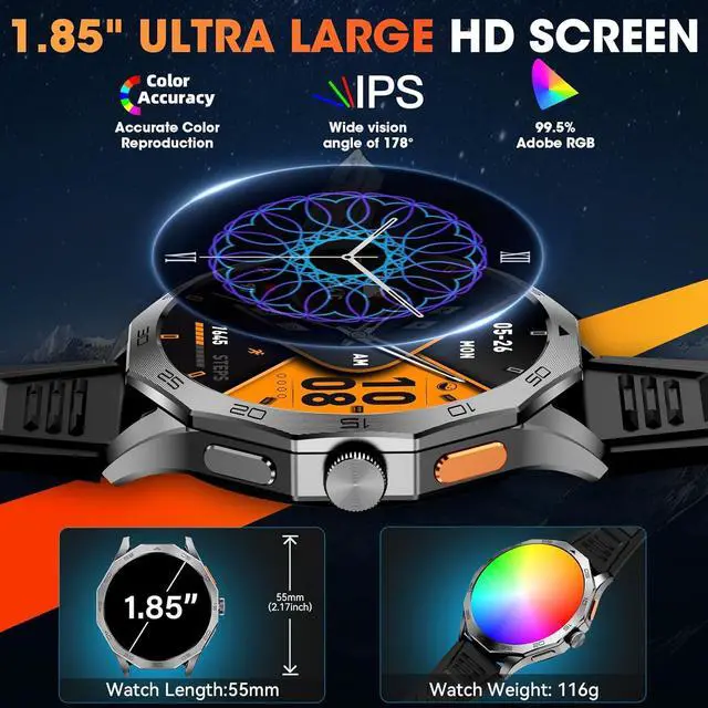 Alt view image 2 of 7 - SMA Military Smart Watch for Men, 1.85" HD Ultra Screen Touch Screen Sport Smartwatch 710mAh Battery Smart Watches for Android iOS (Bluetooth Call Answer/Dial Calls) Fitness Tracker with 100+ Sports