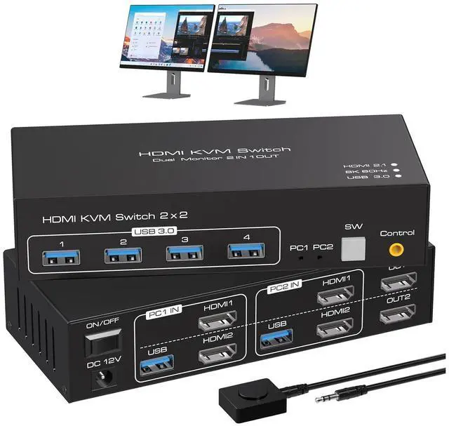 Main image of SMA 8K@60Hz HDMI KVM Switch 2 Monitors 2 Computers, 4K120Hz Dual Monitor HDMI KVM Switches for 2 PC Share 2 Screens and 1 Set of Keyboard Mouse Printer with Wired Controller Support Extended Mode