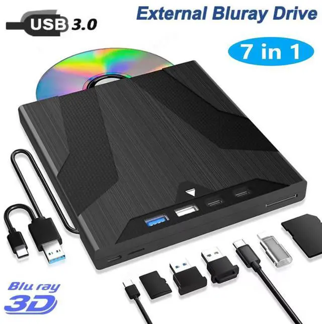 Main image of SMA External Blu Ray Drive for Laptops, 7-in-1 USB 3.0 Type-C Blu ray CD DVD Drive with 4 USB & SD/TF Slot Ports, Portable 3D BD Disc Reader CD DVD -/+RW Burner Compatible with Windows Linux Mac OS