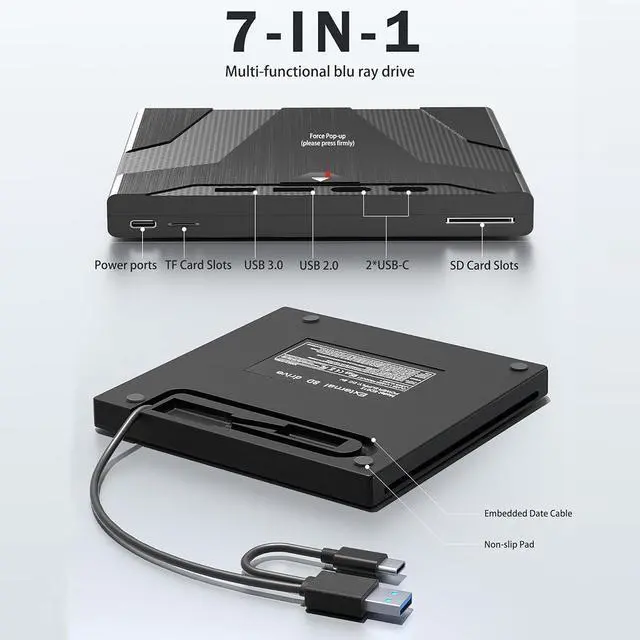 Alt view image 3 of 7 - SMA External Blu Ray Drive for Laptops, 7-in-1 USB 3.0 Type-C Blu ray CD DVD Drive with 4 USB & SD/TF Slot Ports, Portable 3D BD Disc Reader CD DVD -/+RW Burner Compatible with Windows Linux Mac OS
