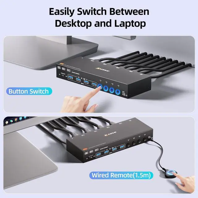 Alt view image 7 of 7 - SMA 4K@144Hz KVM Switch 2 Monitors 4 Computers 8K@60Hz, HDMI + Displayport KVM Switch Dual Monitor with 4 USB 3.0 Port for Keyboard Mouse Printer, Wired Remote, Power Adapter and 4 USB Cables Included