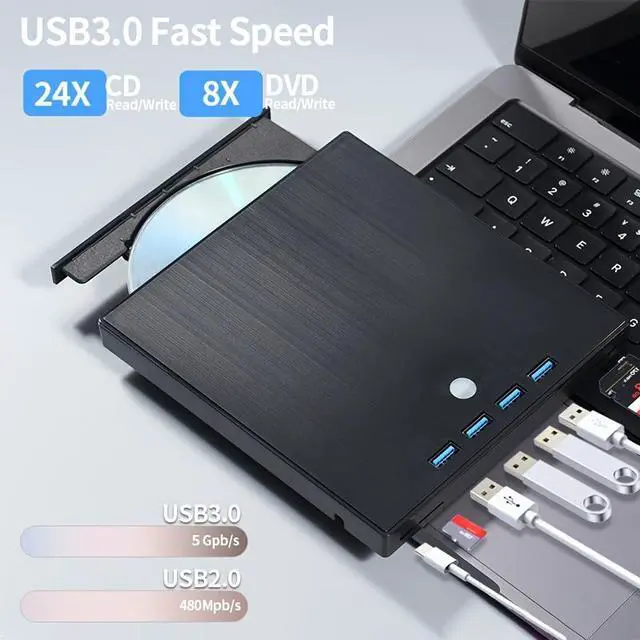 Alt view image 7 of 7 - SMA 7-in-1 USB 3.0 & Type-C External CD DVD Drive, Portable External DVD/CD/RW Drive - Slim Plug & Play Burner for Laptop, PC, 11/10/8/7/XP/Linux/MacOS - with 4 USB A Ports, SD/TF Card Reader