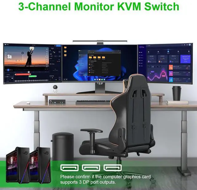 Alt view image 7 of 7 - SMA 8K@60Hz Displayport KVM Switch 3 Monitors 2 Computers 4K@144Hz, DP1.4 KVM Switch Triple Monitor for 2 Computer Share 3 Monitor, Audio Mic Port and 3 USB3.0 Devices Support Extended and Copy Mode