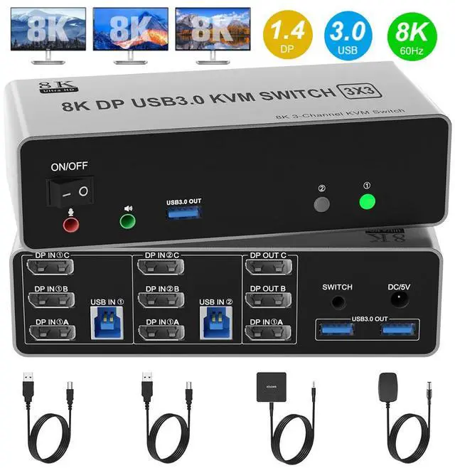 Main image of SMA 8K@60Hz Displayport KVM Switch 3 Monitors 2 Computers 4K@144Hz, DP1.4 KVM Switch Triple Monitor for 2 Computer Share 3 Monitor, Audio Mic Port and 3 USB3.0 Devices Support Extended and Copy Mode