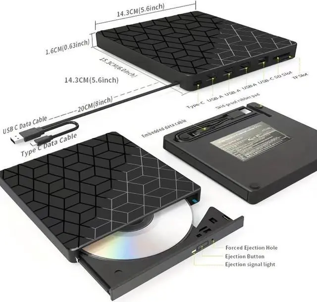Alt view image 3 of 6 - SMA External CD DVD Drive, 7 in 1 USB & Type C External DVD Drive, Ultra Slim CD Burner with 4 USB Ports and 2 TF/SD Card Slots, Optical Disk Drive for Laptop Desktop PC Windows 11/10/8/7 Linux Mac OS