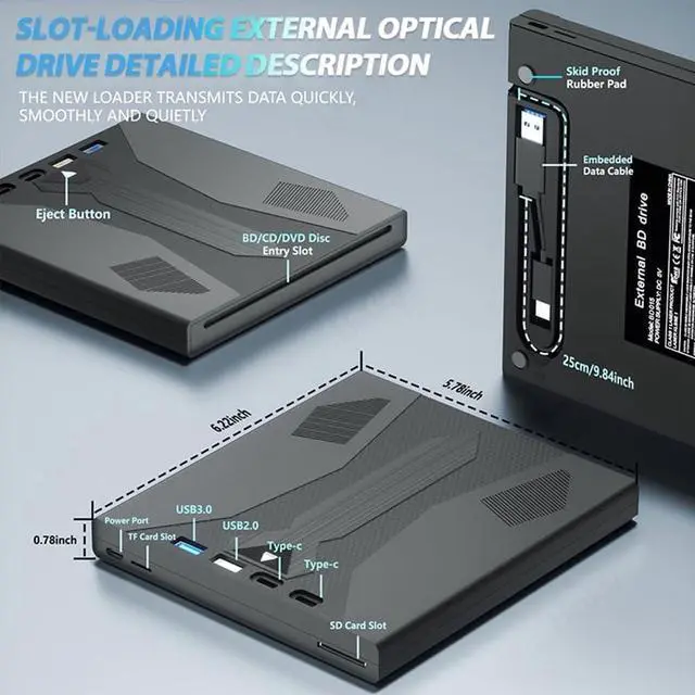 Alt view image 6 of 7 - SMA [7-in-1] External Optical Blu Ray Drive, USB 3.0  Type-C Blu Ray Burner Portable Blu Ray DVD/CD/BD Player, Support 100G Disc, 3D External CD DVD Bluray Drive Compatible with Windows, Linux , MacOS
