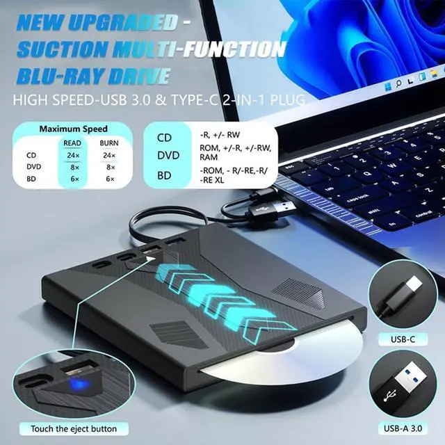Alt view image 5 of 7 - SMA [7-in-1] External Optical Blu Ray Drive, USB 3.0  Type-C Blu Ray Burner Portable Blu Ray DVD/CD/BD Player, Support 100G Disc, 3D External CD DVD Bluray Drive Compatible with Windows, Linux , MacOS