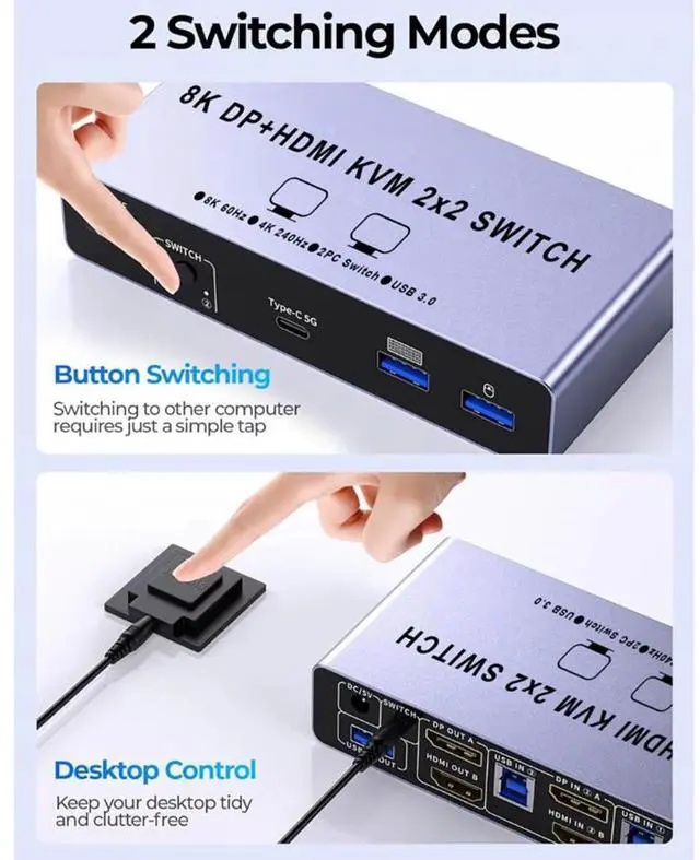 Alt view image 5 of 7 - SMA HDMI + Displayport KVM Switch 2 Computers 2 Monitors, Aluminum 8K@60Hz Dual Monitor KVM Switcher for 2 PC Share 2 Monitors and 4 USB 3.0 Ports, Support Extended/Copy Mode, with Desktop Controller