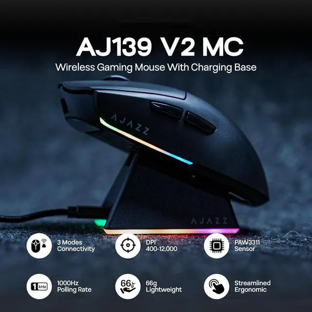 Alt view image 2 of 7 - SMA AJ139 V2 MC Tri-Mode Gaming Mouse with Charging Base, Adjustable 12,000 DPI, PAW3311 Sensor, Tri-Mode Bluetooth Wireless Mouse, 500mAh Battery, 1000 Polling Rate, 66g Lightweight, Windows/Mac
