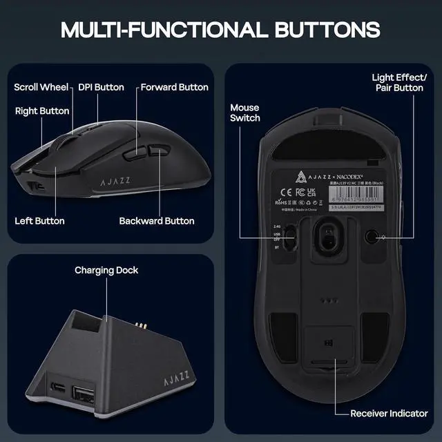 Alt view image 6 of 7 - SMA AJ139 V2 MC Tri-Mode Gaming Mouse with Charging Base, Adjustable 12,000 DPI, PAW3311 Sensor, Tri-Mode Bluetooth Wireless Mouse, 500mAh Battery, 1000 Polling Rate, 66g Lightweight, Windows/Mac