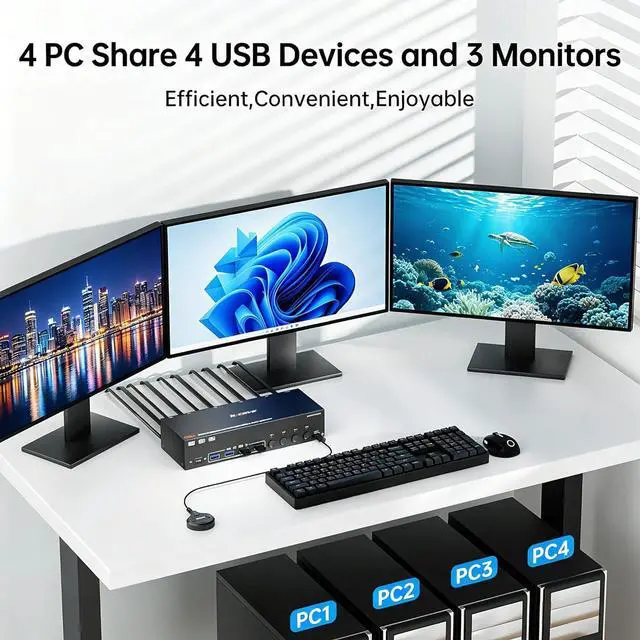 Alt view image 2 of 7 - SMA HDMI +2 Displayport KVM Switch 3 Monitors 4 Computers 8K@60Hz 4K@144Hz Triple Monitor KVM Switches with 4 USB Ports for Keyboard Mouse,Support Extended/Copy Mode, with Wired Remote and 4 USB Cable