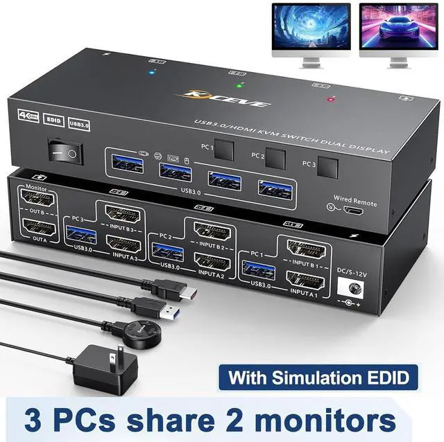 Main image of SMA HDMI KVM Switch 2 Monitors 3 Computers with EDID Simulation 4K@60Hz, USB 3.0 Dual Monitor HDMI KVM Switch 3 Computers Share 2 Monitors and 4 USB 3.0 Port, Includes DC12V Adapter and Wired Remote