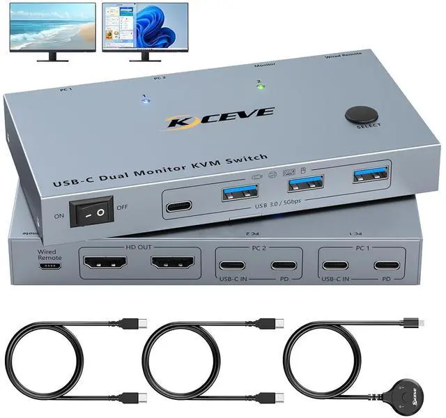 Main image of SMA USB-C KVM Switch 2 Monitors 2 Laptops 4K@60Hz, USB C KVM Switch Dual Monitor HDMI for 2 laptops to Share 2 Monitor and 4 USB3.0 Devices, 80W PD Charging, Wired Remote and Cables Included