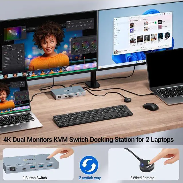 Alt view image 7 of 7 - SMA USB-C KVM Switch 2 Monitors 2 Laptops 4K@60Hz, USB C KVM Switch Dual Monitor HDMI for 2 laptops to Share 2 Monitor and 4 USB3.0 Devices, 80W PD Charging, Wired Remote and Cables Included