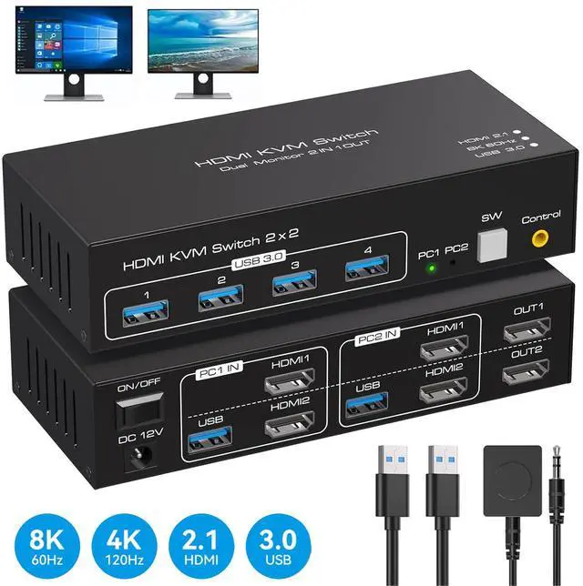 Main image of SMA 8K@60Hz HDMI KVM Switch 2 Monitors 2 Computers, Support 4K@120Hz Dual Monitor KVM Switcher PC Extended Display for 2 PCs Share 4 USB 3.0 HUBs, Desktop Controller and 2 USB Cables Included