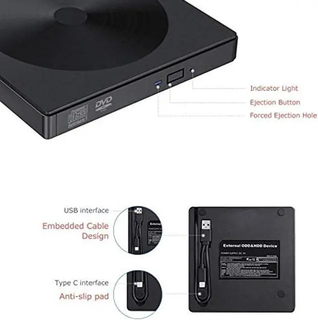 Alt view image 5 of 7 - External CD DVD Drive, Type C USB 3.0 Portable CD/DVD RW Writer Burner, Low Noise High Speed Transfer Drive, Compatible with Laptop, Desktop, Windows XP/2003/Vista/7/8/10, Linux, Mac OS