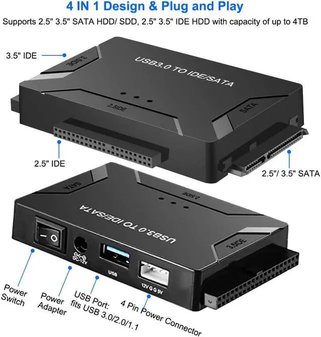 Alt view image 2 of 7 - USB 3.0 to SATA/IDE Adapter with Universal 2.5"/3.5" Hard Drive Disk Converter for HDD/SSD & IDE HDD, Support 6TB and One-Touch Backup, Include 12V 2A Power Adapter USB 3.0 Cable for Laptop