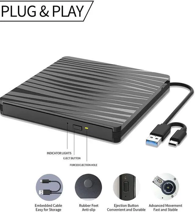 Alt view image 3 of 7 - [ Upgraded ] External CD DVD Drive, USB 3.0 & Type C External DVD CD Player, Plug & Play Burner Data Transfer DVD Player for Laptop Notebook PC Support Windows/Vista/7/8/10, Mac OS & Linux