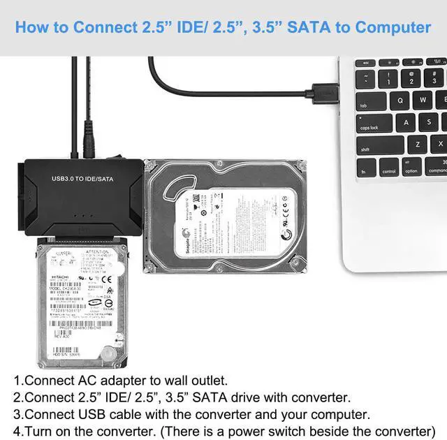 Alt view image 3 of 7 - USB 3.0 to SATA/IDE Adapter with Universal 2.5"/3.5" Hard Drive Disk Converter for HDD/SSD & IDE HDD, Support 6TB and One-Touch Backup, Include 12V 2A Power Adapter USB 3.0 Cable for Laptop