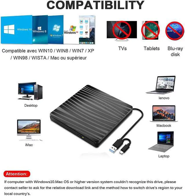 Alt view image 2 of 7 - [ Upgraded ] External CD DVD Drive, USB 3.0 & Type C External DVD CD Player, Plug & Play Burner Data Transfer DVD Player for Laptop Notebook PC Support Windows/Vista/7/8/10, Mac OS & Linux