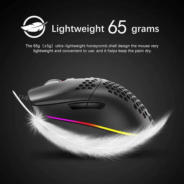 Alt view image 3 of 7 - Lightweight Gaming Mouse,26 Kinds RGB Backlit Mice, PixArt 3325 12000 DPI Mouse,Ultralight Honeycomb Shell Ultraweave Cable Mouse and Anti-Key Can Be Set for PC Gamers and Xbox and PS4 Users