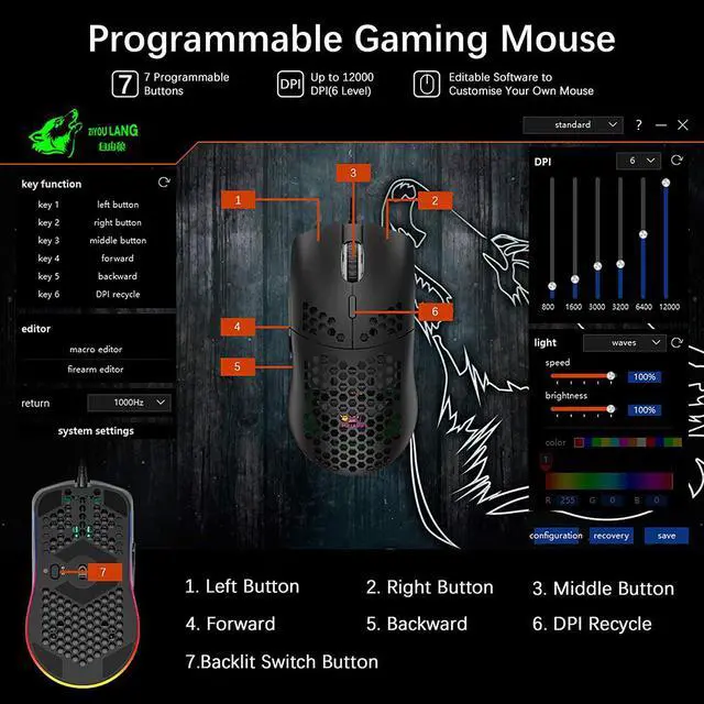 Alt view image 6 of 7 - Lightweight Gaming Mouse,26 Kinds RGB Backlit Mice, PixArt 3325 12000 DPI Mouse,Ultralight Honeycomb Shell Ultraweave Cable Mouse and Anti-Key Can Be Set for PC Gamers and Xbox and PS4 Users