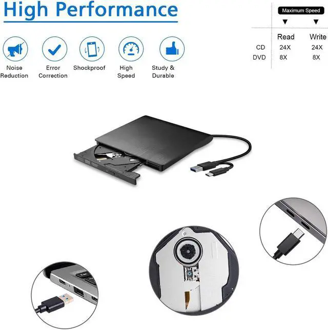 Alt view image 5 of 7 - External CD DVD Drive, Type C USB 3.0 CD DVD RW Reader Burner Portable CD-RW/VCD-RW Player Rewriter High Speed Low Noise Super drive for Laptop, Desktop, Mac OS, Windows 10/8/7/XP/Linux