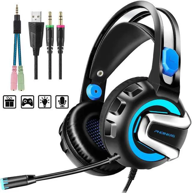 Main image of Gaming Headset with Microphone, 7.1 Stereo Surround Sound Wired Over Ear Headphone for Xbox One, PS4, PC, Laptop, Nintendo Switch and other 3.5mm devices, LED Light, Noise Isolation, Steel Frame -Blue