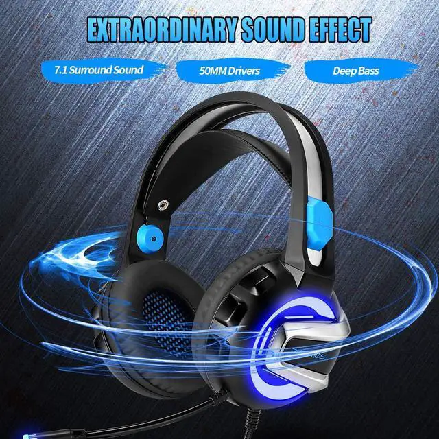Alt view image 4 of 7 - Gaming Headset with Microphone, 7.1 Stereo Surround Sound Wired Over Ear Headphone for Xbox One, PS4, PC, Laptop, Nintendo Switch and other 3.5mm devices, LED Light, Noise Isolation, Steel Frame -Blue