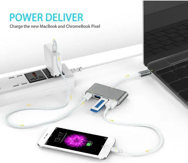 Alt view image 3 of 7 - 4-in-1 USB-C Hub With USB C Power Delivery, USB3.0 USB2.0 Ports compatible with MacBook Air, MacBook pro 13&15, ChromeBook Pixel, XPS and More, Multiport Charging & Connecting Adapter