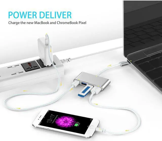 Alt view image 3 of 7 - 4-in-1 USB-C Hub With USB C Power Delivery, USB3.0 USB2.0 Ports compatible with MacBook Air, MacBook pro 13&15, ChromeBook Pixel, XPS and More, Multiport Charging & Connecting Adapter