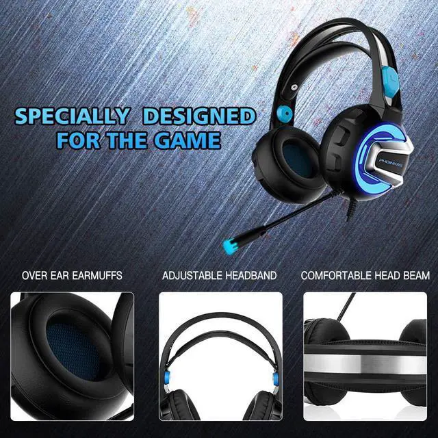 Alt view image 3 of 7 - Gaming Headset with Microphone, 7.1 Stereo Surround Sound Wired Over Ear Headphone for Xbox One, PS4, PC, Laptop, Nintendo Switch and other 3.5mm devices, LED Light, Noise Isolation, Steel Frame -Blue